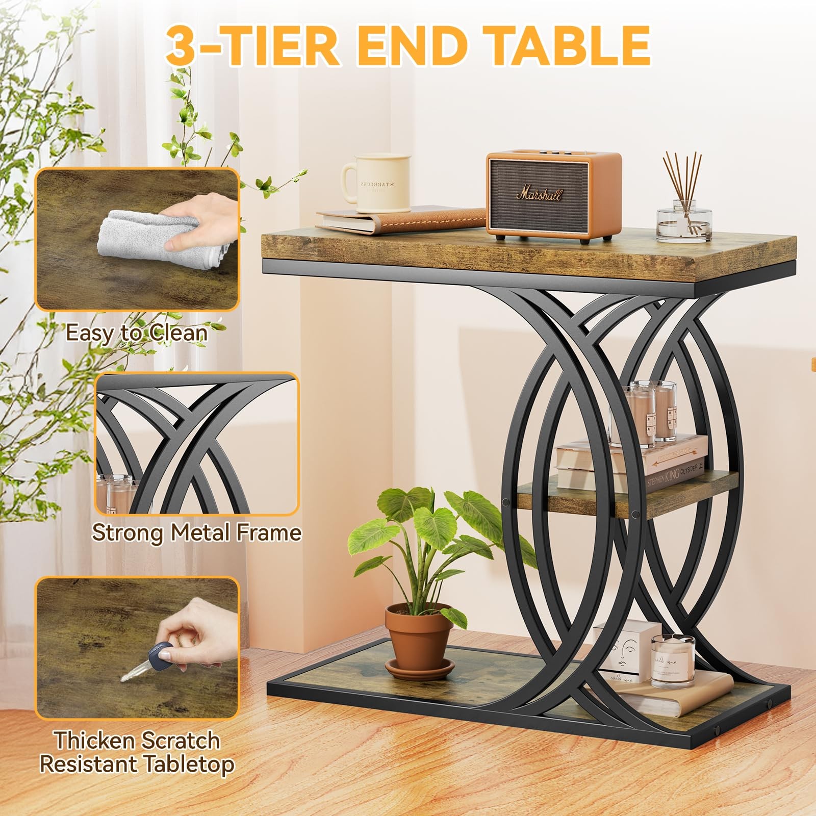 Shaped End Table, Bed Side Table, 3-Tier Side Table with Metal Frame, Wood En...