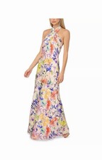 Adrianna Papell Floral Satin Dress Size 6 Maxi Floor Length Crossover Halter