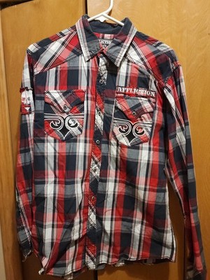 Men s Affliction Black Premium Plaid Button Down Shirt Medium Patches Y2K