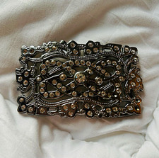 Silver Metal Rectangle Floral Rhinestone Interchangeable Belt Buckle Fits 2in