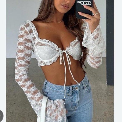 White Fox Boutique Hot for me long sleeve Crop-Top White Lace Top Medium NEW