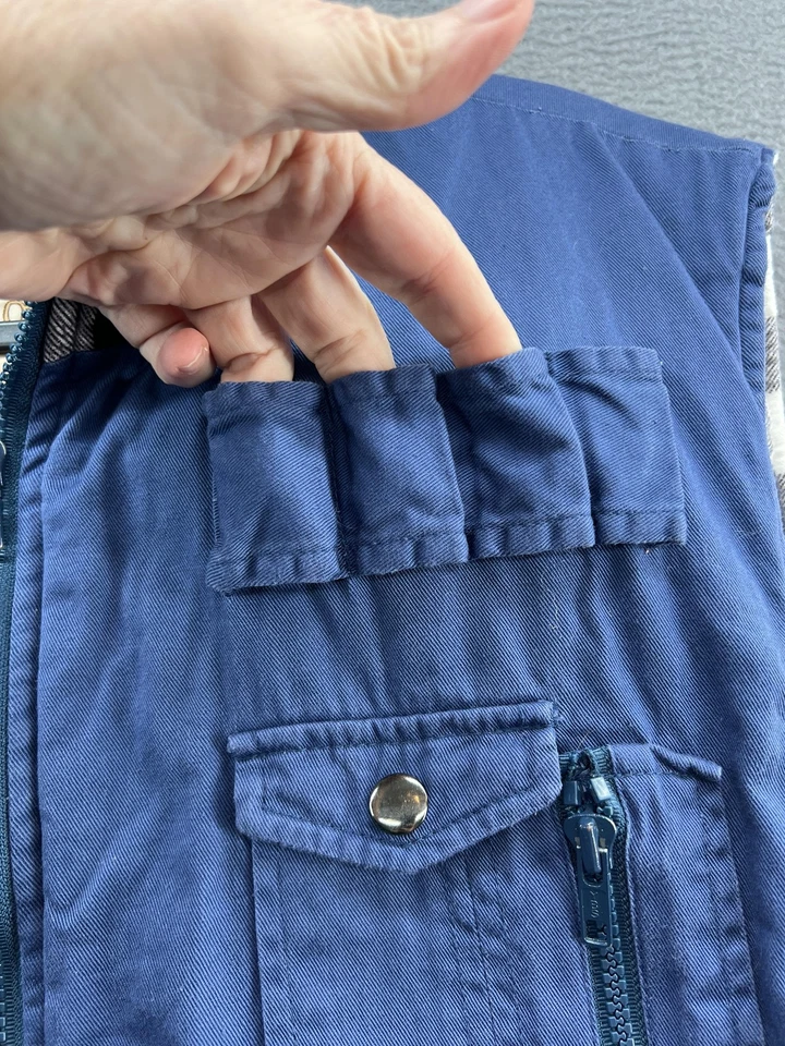 VTG Ozark Trail Vest Mens Large Blue Flannel Lined Utility Multi Pocket Zip - Image 3 of 4