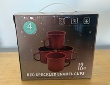Set of 4 Red Speckled Enamel Cups 12oz - Vintage Style Camping Mugs New in Box