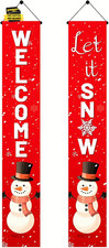 Red Welcome Snowman Porch Banner Winter Door Banner with Snowflakes Snow Scene a