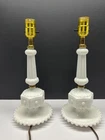 Vintage Pair Sunburst White Milk Glass Lamps with Hobnail Trimmed Trinket Dish