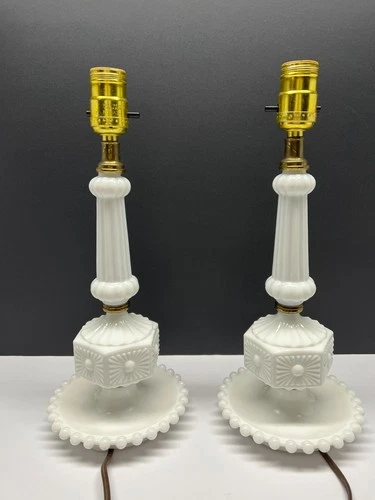 Vintage Pair Sunburst White Milk Glass Lamps with Hobnail Trimmed Trinket Dish