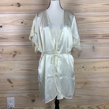 Val Mode Lingerie Nightgown Robe Set Womens L Ivory Vintage Satin Lace 2pc Set