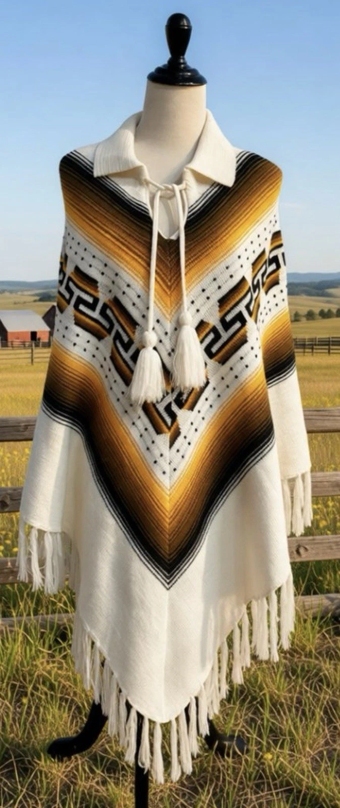 Aztec Poncho Fringe W/Collar VNeck Ecuador Southwest Boho Guajan Hand Loomed VTG