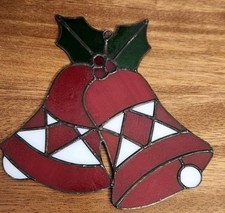 Vintage Christmas Stained Glass Holly Bells Sun Catcher, Ornament 7" EUC