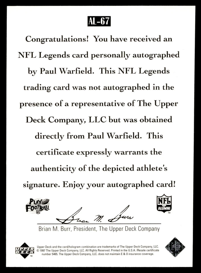1997 Upper Deck Legends Paul Warfield #AL-67 Autographs AU Cleveland Browns - Image 2 of 2