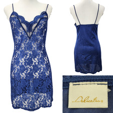 Vtg 90s Delicates Womens Large Lace Front Satin Back Chemise Lingerie Navy Blue