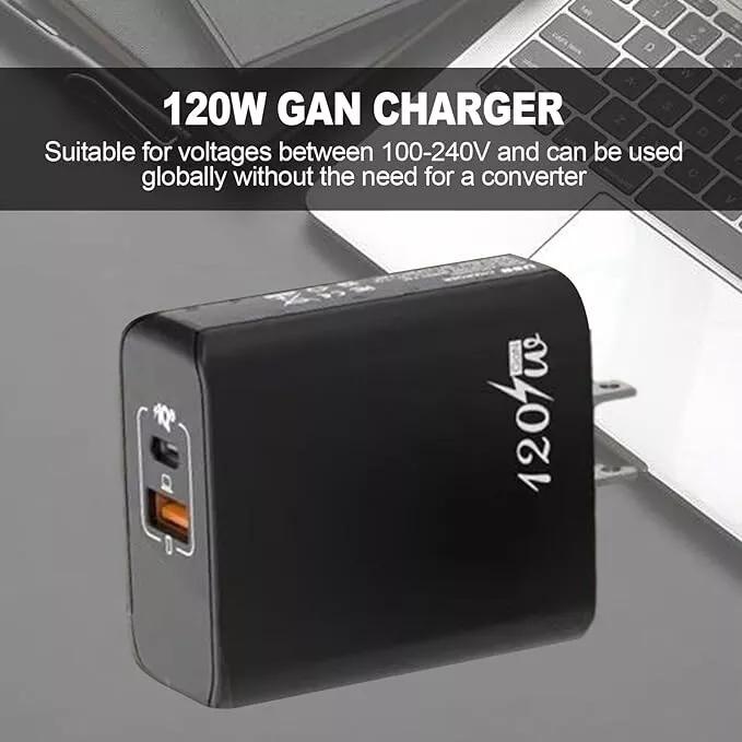 Universal 120W GaN Dual Port Fast Charger + 100W USB Type-C Cable C-to-C [BLACK] - Image 3 of 4