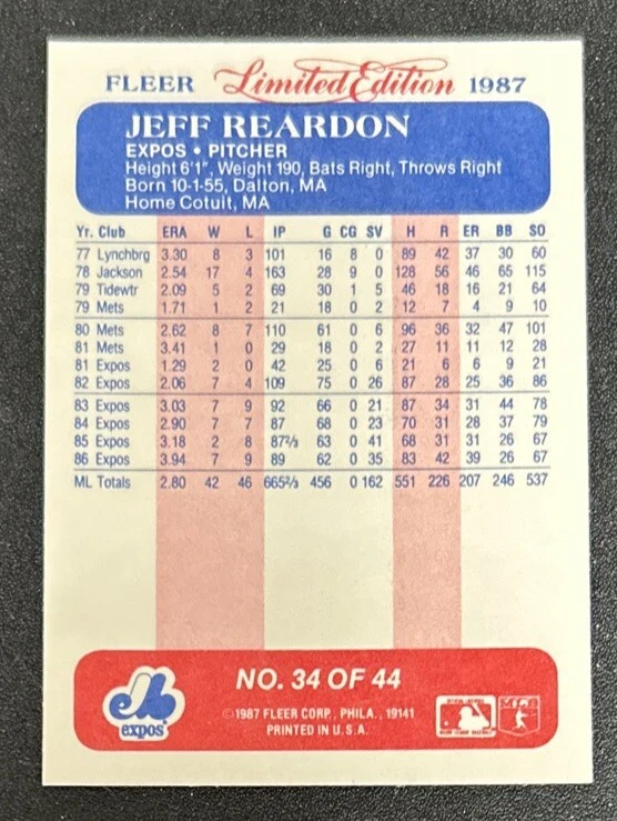 Tarjeta Fleer 1987 edición limitada superestrellas de béisbol Jeff Reardon #34 exposiciones Foto 2 de 2