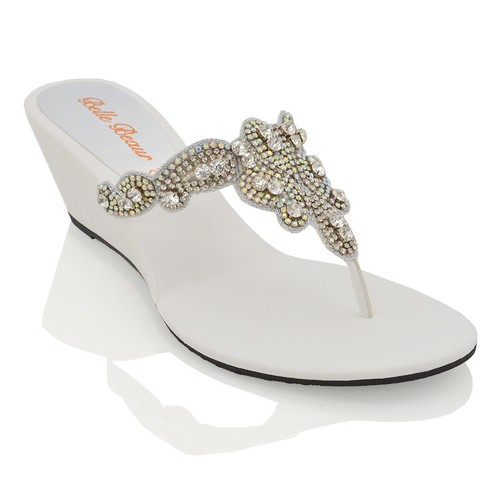 Sandalias de fiesta elegantes brillantes con puntera de diamante de cuña baja para mujer talla 3-9 - Imagen 24 de 25