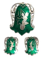 VTG Siam Sterling Silver Green Enamel Goddess Brooch and Earrings Set