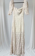 VTG BOHO  Priscilla of Boston Wedding Dress Crochet  Gown 1950’s  B-32” W-26”