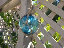 Japanese Glass Fishing Fish Net Float Buoy Tiki Decor Light Blue