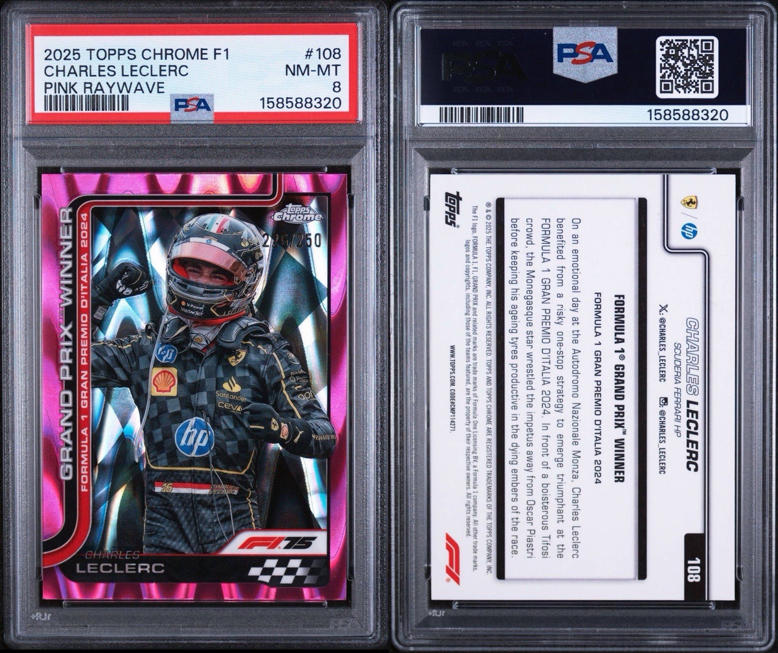 Topps 2025 Chrome F1 Charles Leclerc #108 Pink Raywave 226/250 PSA 8 Pop 1 💎