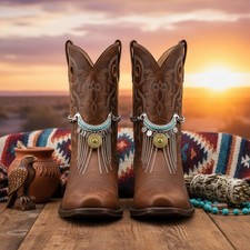 Women 2PCS Silver Metal Boot Chain Bracelet Shoe Ethnic Coins Charm Turquoise