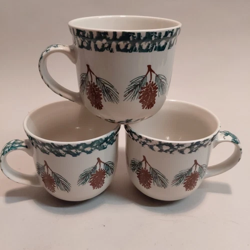 Set of 3 Vintage Folk Craft PineCone Tienshan Coffee Cups Mugs 
