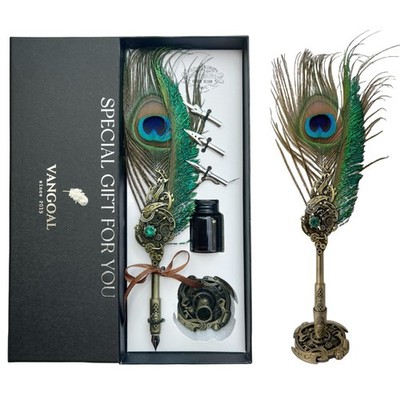 VANGOAL Peacock Feather Pen and Ink Set with Gift Box, Vintage Quill Pen for ...