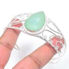 Aqua Chalcedony Gemstone Handmade 925 Sterling silver Adjustable Cuff Bracelet