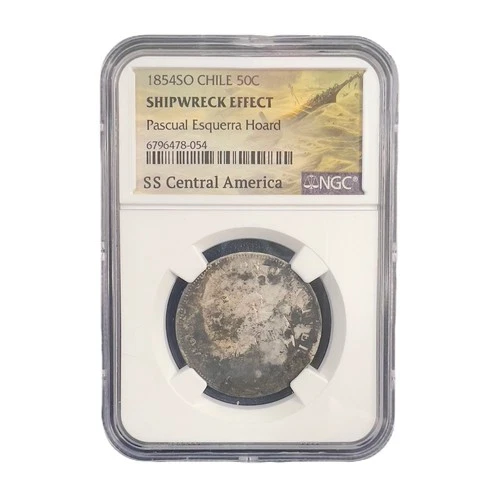 1854 SS Central America Shipwreck Chile 50 Centavos Silver Coin NGC Genuine