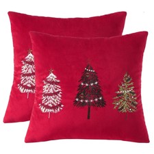 Christmas Embroidery Throw Pillow Cover 18 x 18 inch Set of 2 Red Xmas Tree V...