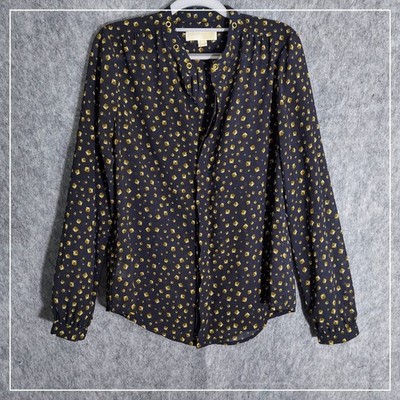 Michael Kors Blouse Women M Black Gold Stud Print Grommet Neck Button Front Top