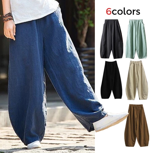 Damen Baumwolle Leinen Baggy Freizeit Haremshose Damen Sommer weites Bein Hose - Bild 3 von 25