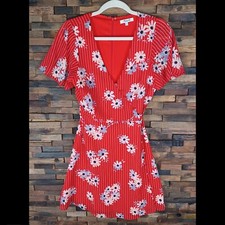Madewell Womens Red Daisy Society Floral Button Faux Wrap Mini Dress Size 4