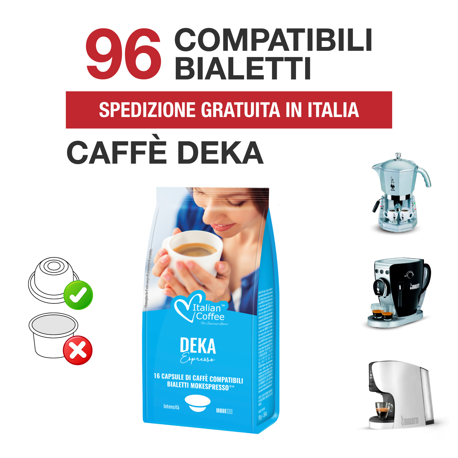 96 Capsule caffè Deka Italian Coffee compatibili Bialetti Mokespresso