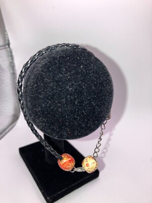 Black Leather Braided European Beads 9 3/8 Inch Bracelet!