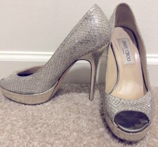 Jimmy Choo Crown Platform Gold/Silver Glitter Fabric Peep Toe Pump US 36.5