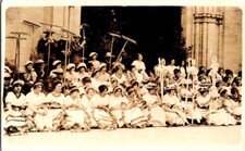 RPPC Large group of young ladies fancy dresses staffs rakes postcard a58