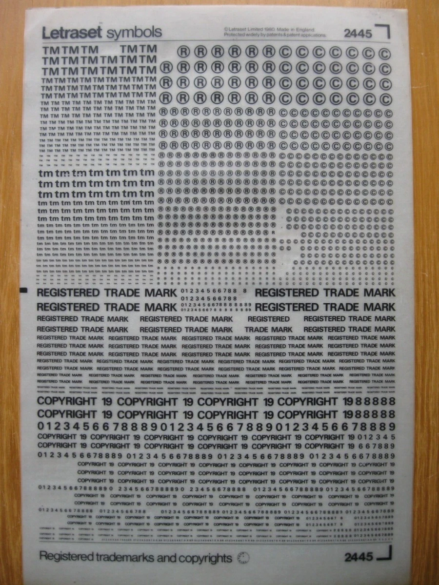 1 x Letraset REGISTERED TRADE MARKS COPYRIGHTS Sheet 2445 a bb