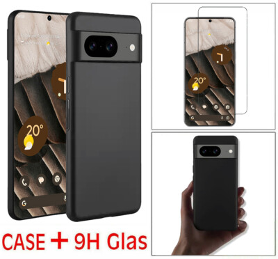Hülle für Google Pixel 8 Tasche Silikon Matt Schwarz Case Cover + 9H Schutz Glas