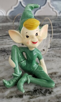 RARE VINTAGE CERAMIC SITTING GREEN PIXIE ELF MESH WINGS JAPAN FIGURE HAT EARS 