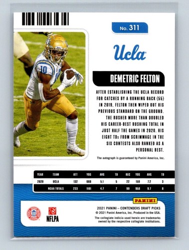 2021 Panini Contenders Draft Picks College Ticket Auto Demetric Felton #311 RC - Picture 2 of 2