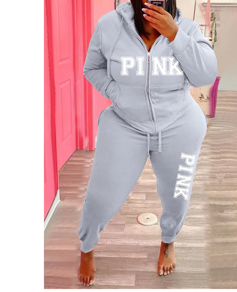 Women s 2pc Plus Size PINK Tracksuit Grey IN STORES NOW eBay