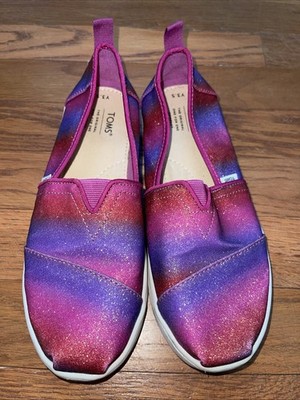 TOMS Girls Pink & Purple Glitter Slip On Canvas Alpargata Shoes, 3.5 Youth