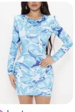 Fashion Nova Ready For Fun Mini Dress Open Back Sz M Blue White Swirls Nwt