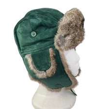 Paul Leinburd Trapper Hat Crowncap Size S/P  Rabbit Fur Trim Aviator Green NEW