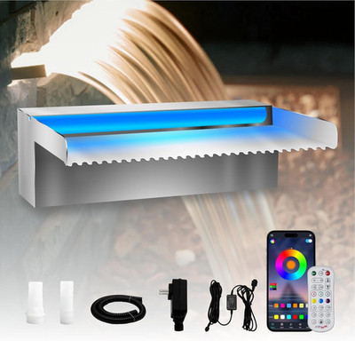 Pool Waterfall Spillway Stainless Steel Koi Pond Fountain, APP Control LED Light