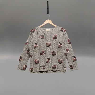 Express Tricot Blumen Strick Pullover Wollmischung Grau Rosa Blau Vintage 80er Damen