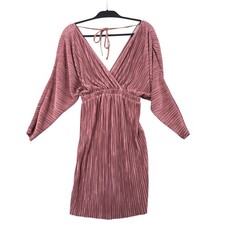 ASOS Rose Pink Pleated Mini Dress V-Neck Batwing Sleeve Tie Back Size 4