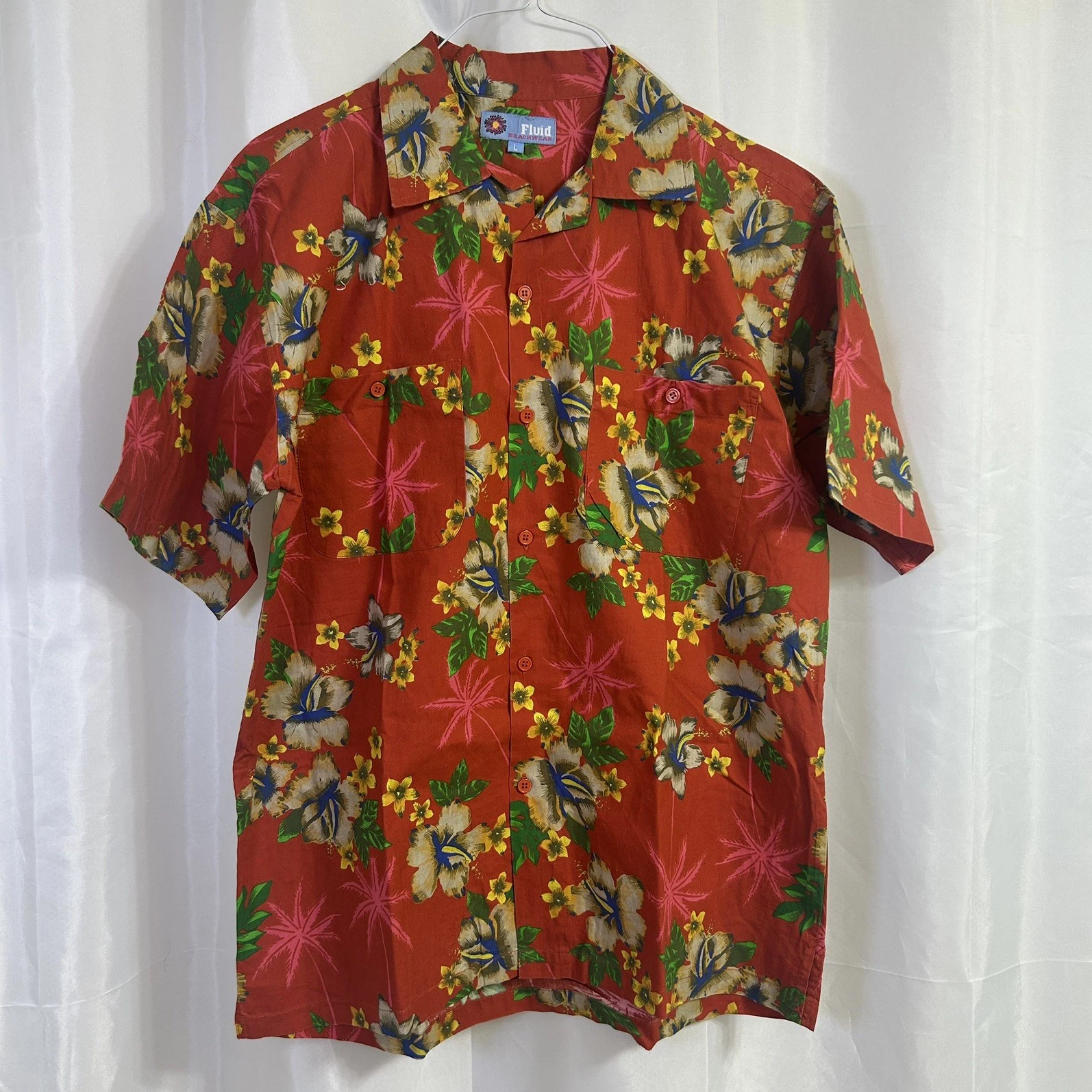 Vtg FLUID Aloha Shirt Red Floral Hibiscus Tropical Resortwear Beach Camp Mens L
