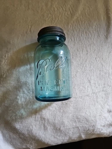 Vintage Ball Perfect Mason Blue Aqua Glass Quart Jar w/ Zinc lid #6