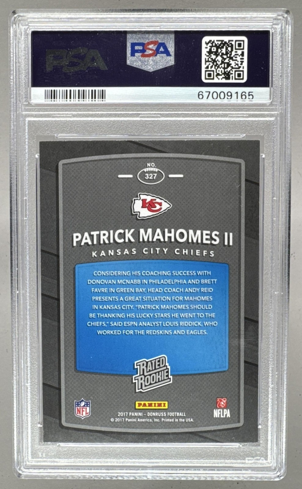 67009165 Patrick Mahomes II 2017 Panini Donruss #327 RC Rated Rookie PSA 10 view 2