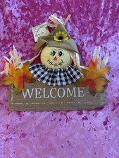 NWT Scarecrow Fall Decor Sign Welcome" Brown Leaves Autumn Hanging